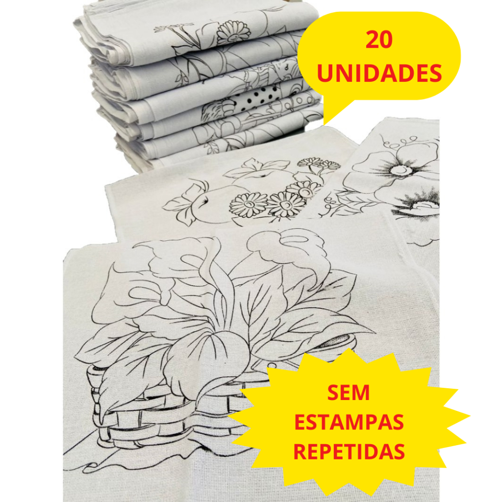 Kit 20 Pano de Prato Branco Riscado Para Pintura - Bainha Premium 100% Algodão 68X40
