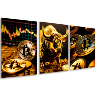 Kit 3 Quadros Decorativos Mdf Bitcoin Cripto Trader Ouro Moeda Economia Touro Ouro Dinheiro