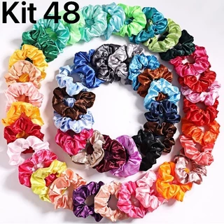 KIT 48 Lacinho De Cabelo-Scrunchies (Xuxinha Para Cabelo em Cetim, Algodão e Veludo)