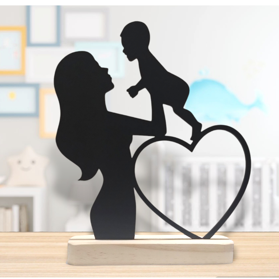 Enfeite de Mesa Dia Das Mães Silhueta Mãe e Filho Bebê Com Coração ...