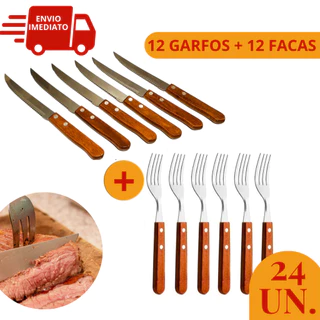 Kit 24 Peças Jogo 12 Garfos + 12 Facas de Inox Cabo Madeira Kit para Cozinha Talheres Conjunto Garfo Faca