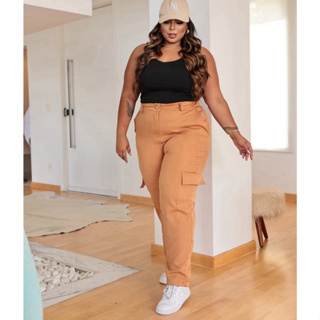 Calça plus size femenina cargo alfaiataria com elastico atras para conforto 46 48 50