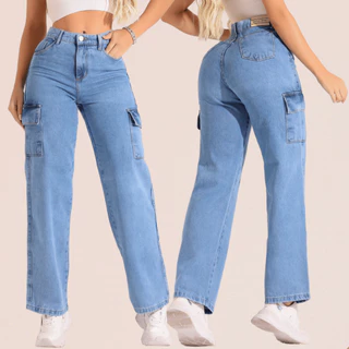 Calça Feminina Wind Leg Cargo Cintura Alta 100%Algodao Cos Alto Pantalona Calça Jeans Feminina Cargo