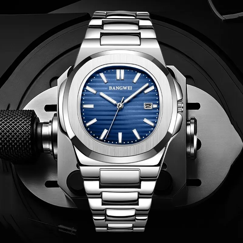 Relógio de Luxo Masculino bangwei , Impermeável, Data Automática, Aço Inoxidável, Cronógrafo Esportivo, Relógio, 30m, Novo -