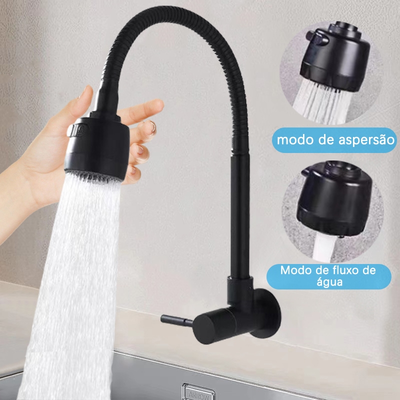 Torneira de cozinha gourmet Torneira preta flexível de parede com duas bicas