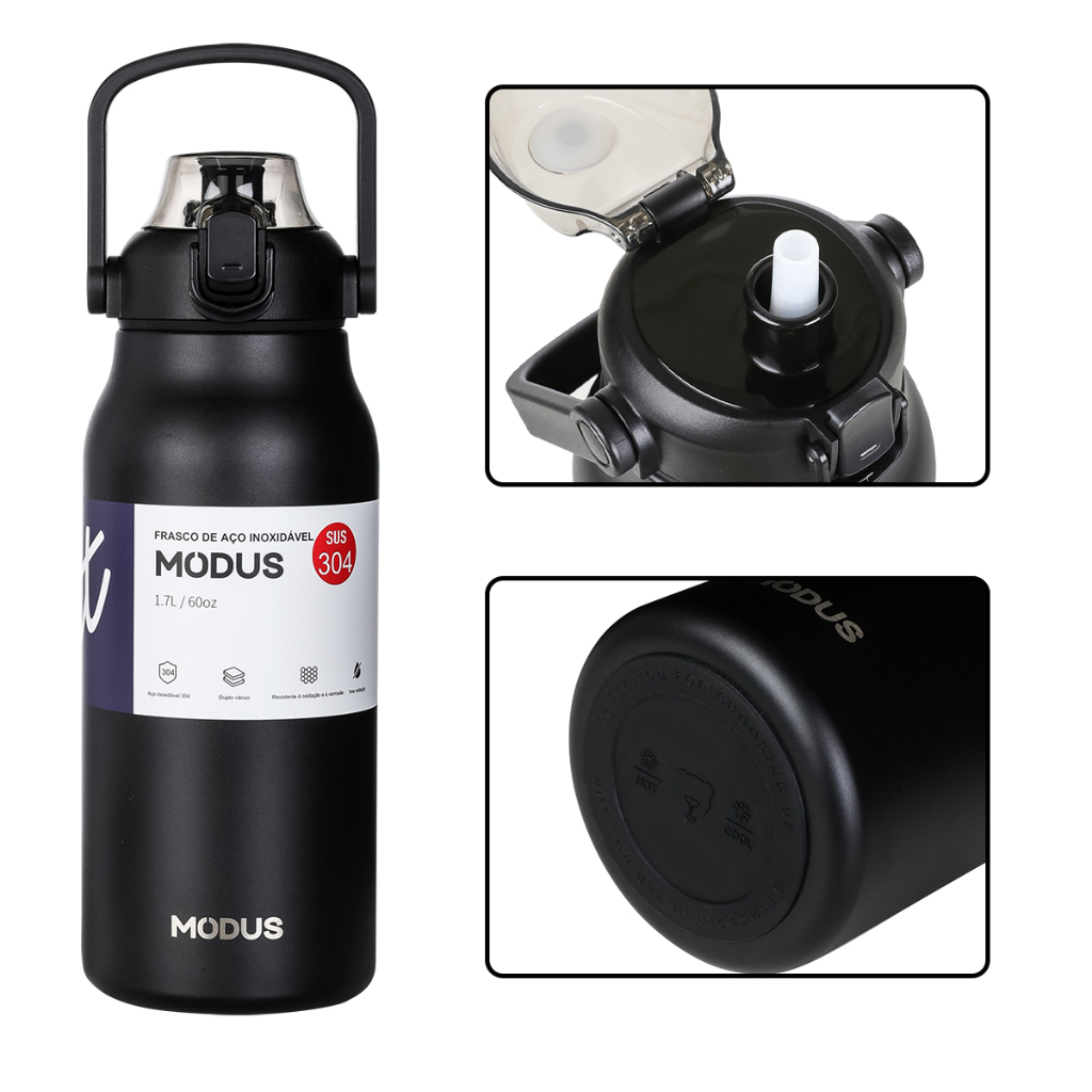 Garrafa Térmica Inox 1700ML Isolada a Vácuo Grande Capacidade Com Canudo