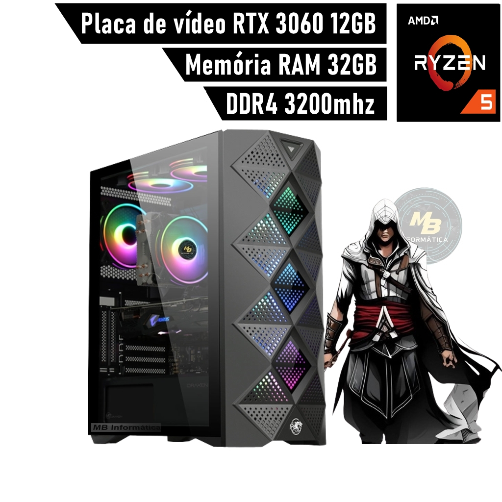 CPU Gamer Monster Ryzen 5 + P. vídeo RTX 3060 12GB + 32GB RAM + Water ...