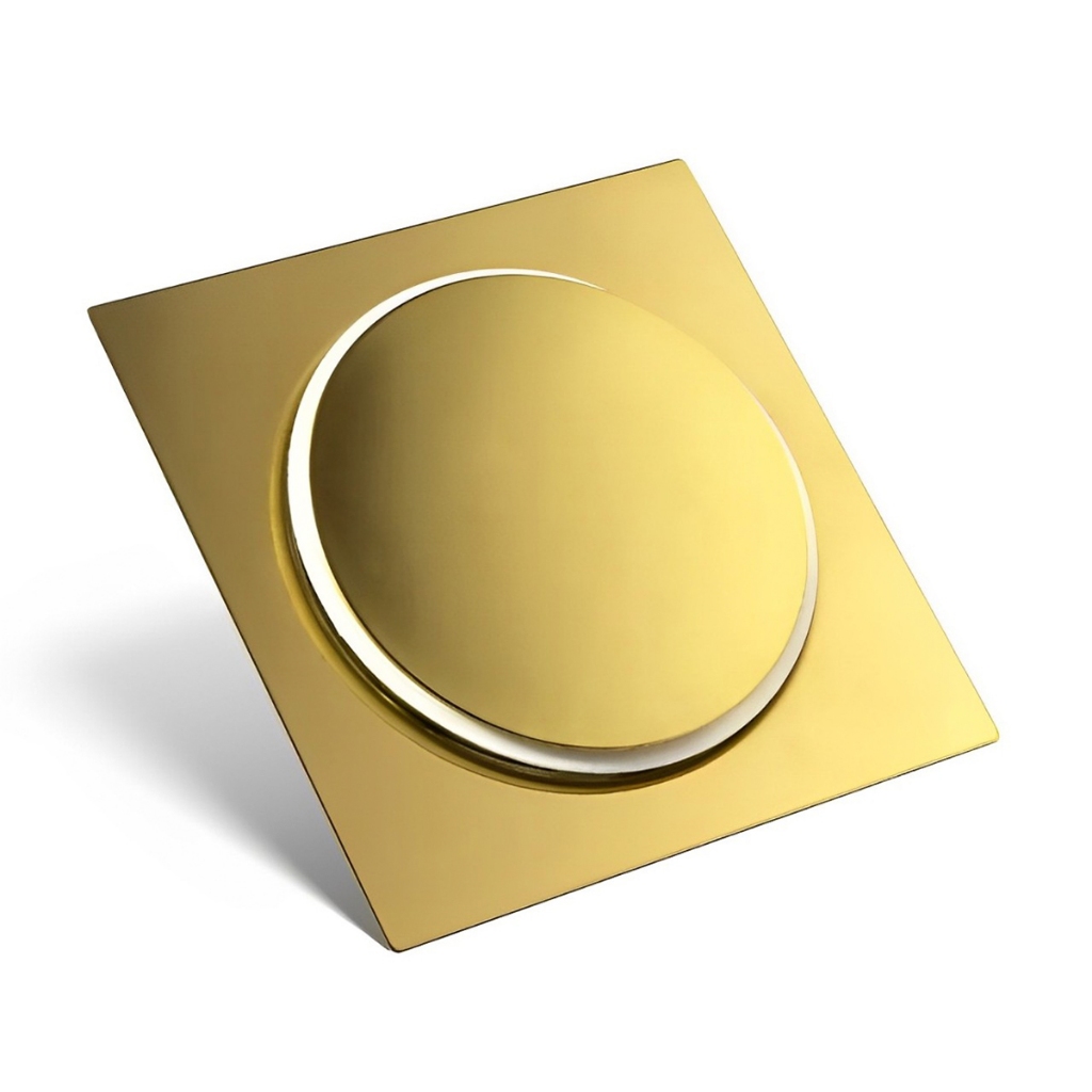 Ralo Click Dourado Gold Banhado Para Banheiro Inox Inteligente 15x15CM Super Luxo