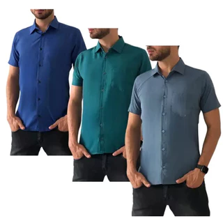 Kit 3 Camisas Sociais Manga Curta Tecido Não Amassa Microfibra Com Bolso