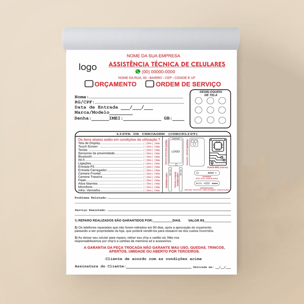 Bloco Assistência Técnica de Celulares 14cm x 20cm - 50 folhas