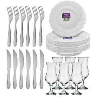Aparelho De Jantar Com Taça 350ML Luxo 24 Peças Talheres Em Inox - Utensílios De Cozinha Jogo De Pratos Pétala Presente Dia Das Mães