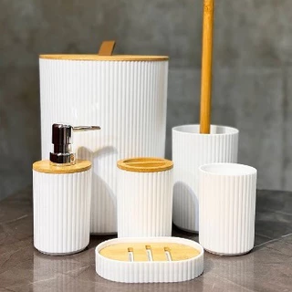 Conjunto 6 Peças Pra Banheiro Bambu Saboneteira Conjuto Lavabo Lixo De Banheiro Acessorios Utensilios Para Casa