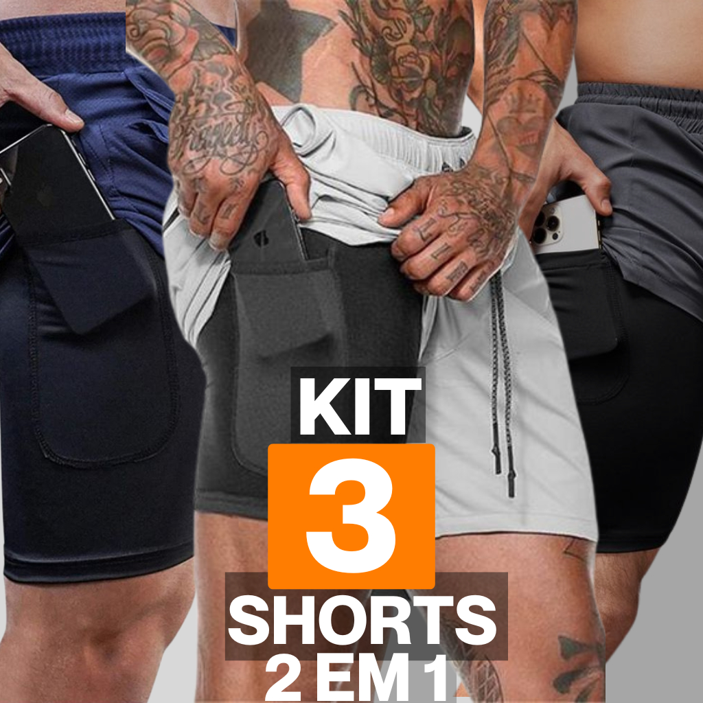 Kit 3 Shorts Masculino 2 em 1 Ideal Para Corrida, Musculação, beach Tecido Dryfit Com Elastano