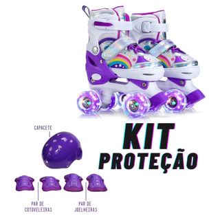 Patins infantil Quad arco iris led roxo menina menino tamanho ajustavel + kit proteçao