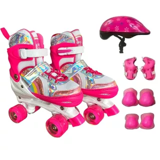 Patins infantil Quad arco iris led pink menina menino tamanho ajustavel + kit proteçao