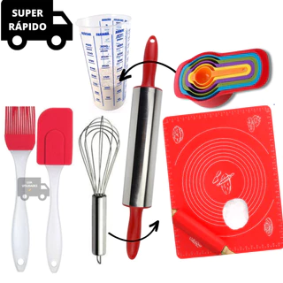 Kit Confeiteiro Completo Pincel E Espátula Pão Duro Silicone Fuê Fouet Batedor De Ovos Inox Rolo Giratório De Abrir Massas Em Inox Com Cabo Plastico Resistente Copo De Medida 500ml Kit 6 Colheres Medidora Diversas Cores Tapete Para Abrir Massas Grande