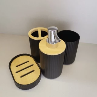 Kit 4 Peças Pra Banheiro Bambu Conjuto Porta Sabonete Líquido Saboneteira Porta Escova De Dentes E Copo Acessorios