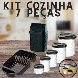 Kit 7 Peças Black Conjunto 5 Potes Com Rosca Plástico Resistente Arroz Feijão Faria Sal Escorredor De Louça Preto Grande Prato Copo Talheres Cesto De Lixo Para Pia Com Tampa Linha Floral Domestico Multiuso Presente Premium
