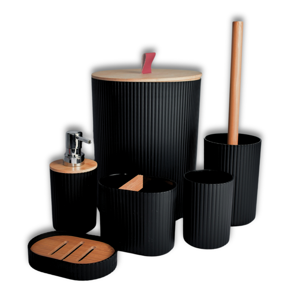 Kit para Banheiro em Bambu Conjunto Lavabo Completo Saboneteira Lixeira Escova Sanitária