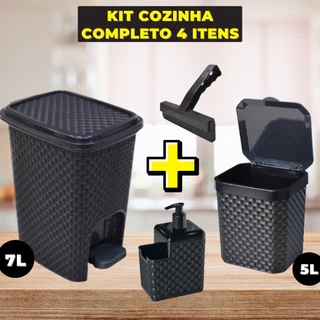 Kit Pia Lixeira 5 Litros + Lixeira 7 Litros c/ Pedal + Porta Detergente Sabão + Rodinho de Pia Promoção Oferta Imperdivel