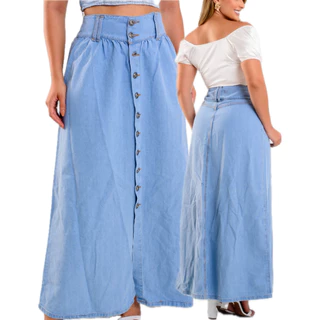 Saia Jeans Longa Com Babado 100% Algodão Sem Lycra Com Fechamento em Botões