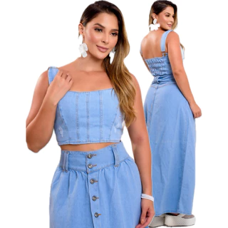 Conjunto Saia Longa Jeans 100% Algodão Sem Lycra