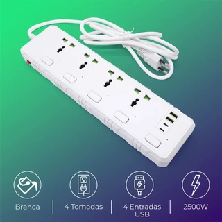 Extensão Elétrica 1,8m Com 4 Tomadas e 2 Entradas USB 2 Entradas USB-C Botão Liga e Desliga - Filtro Linha Régua 110V 220V Bivolt