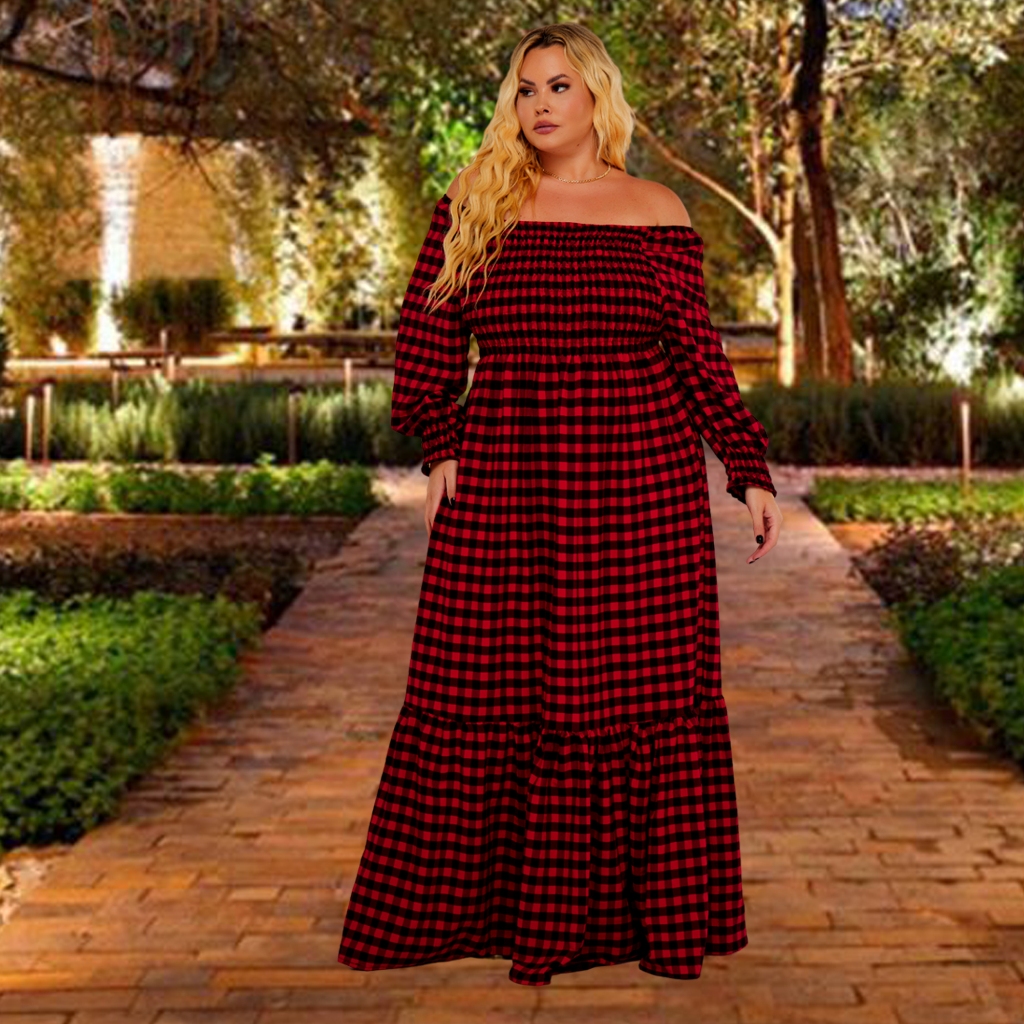 Vestido Xadrez Plus Size Vermelho Vestido Plus Size Xadrez Longo