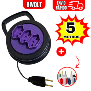 Extensão Elétrica Retrátil 5 Metros 3 Tomadas Bivolt 10a Tripolar