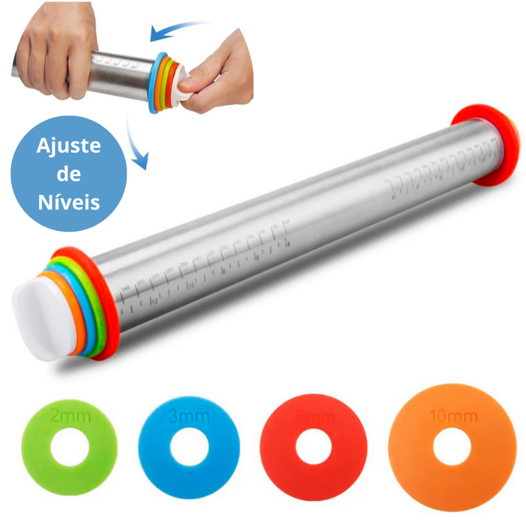 Rolo de Massas Profissional 43cm Aço Inoxidável Antiaderente Ajustável Pra Pizza Pão Macarrão