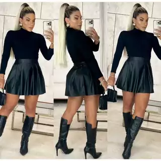 Saia Plissada Colegial Couro Fake Cintura Alta Tendência Feminina