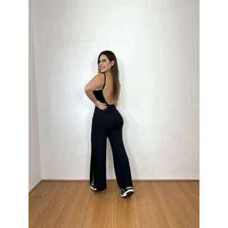 Macacão Feminino Longo Pantalona Com Fenda E Decote Profundo Moda Gringa