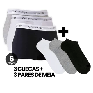 Kit de Cuecas Boxer e Meia, 6 unidades, 3 Cuecas + 3 Pares de Meia, 100% Algodão, Trunk, Adulto