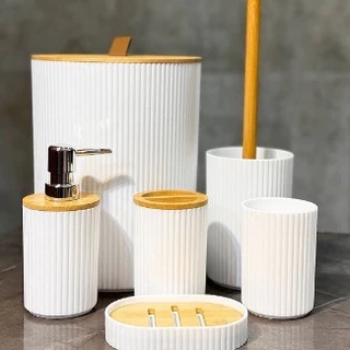 Conjunto 6 Peças Pra Banheiro Bambu Saboneteira Conjuto Lavabo Lixo De Banheiro Acessorios Utensilios Para Casa