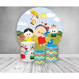 Kit Capa para Painel Redondo + 3 Capas para Cilindro P M G Tecido Sublimado Mônica Toy Festa Aniversário