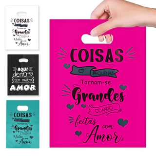 Kit 50 Sacolas Boca de Palhaço 20x30 de Plástico Personalizadas com Frases para Lojas com Alça