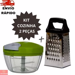 Kit cozinha processador triturador de alimentos manual 3 lâminas, 500 ml + Ralador Fatiador Aço Inox 4 Faces para Legumes, Queijos, Frutas e Verduras