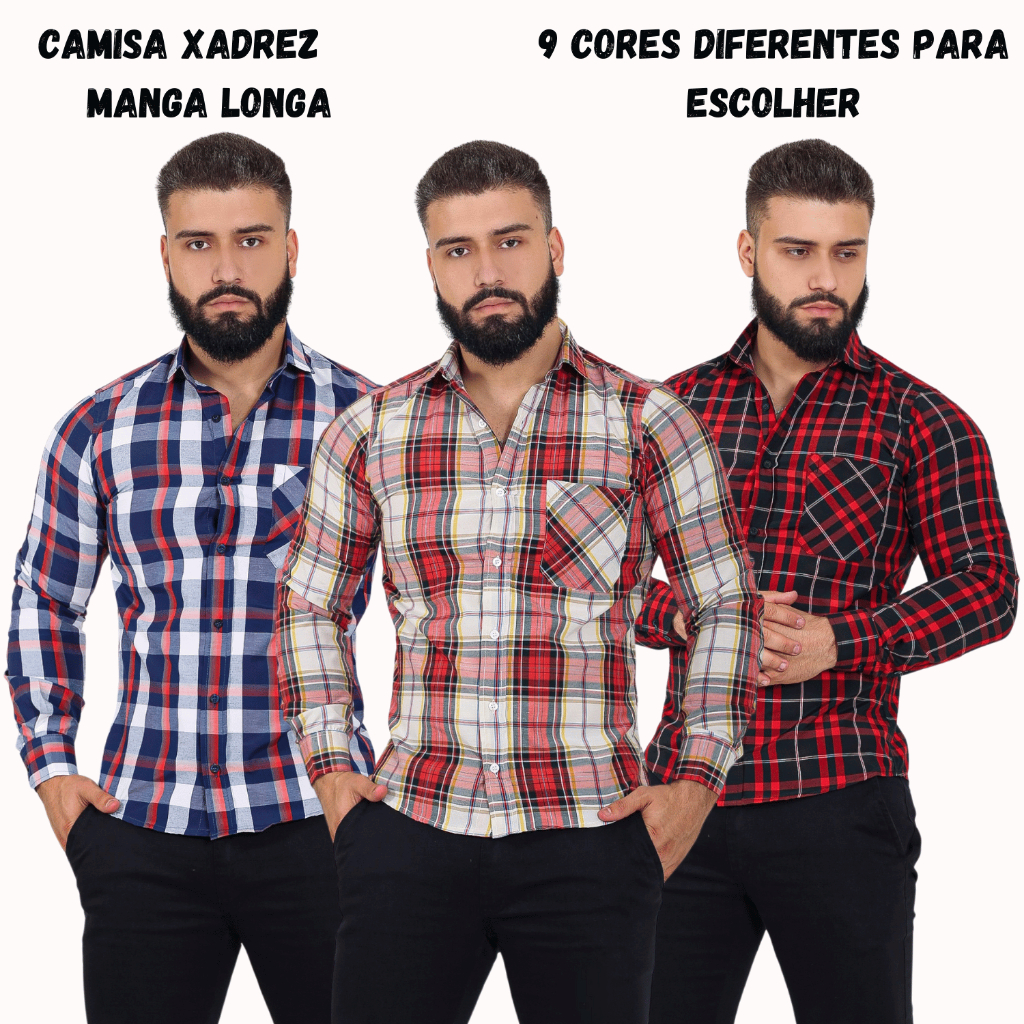 Camisa Xadrez Masculina Social Manga Longa Risca de Giz São João Casual Country