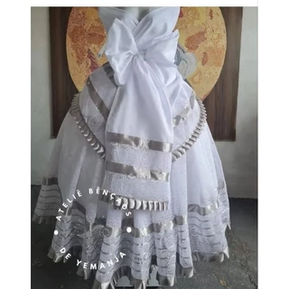 Conjunto de luxo (saia, pano de cabeça e pano da costa) - Branco e Prata