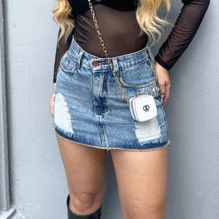 Mini saia jeans desfiada destroyed cintura alta premium hot pant
