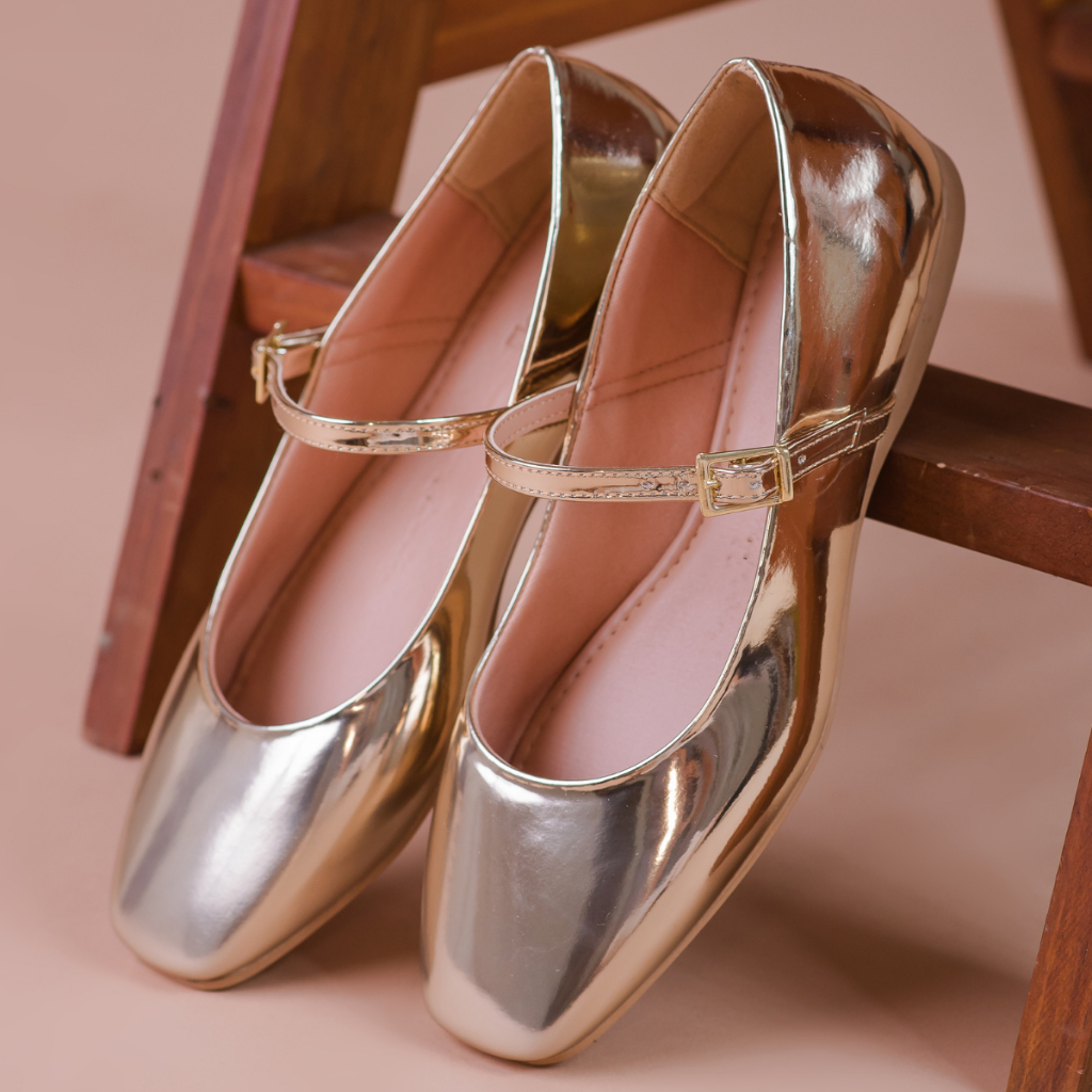 Sapatilha Feminina Boneca Bico Quadrado Tendencia Moda Confortavel  Sapatilhas Prata Dourado