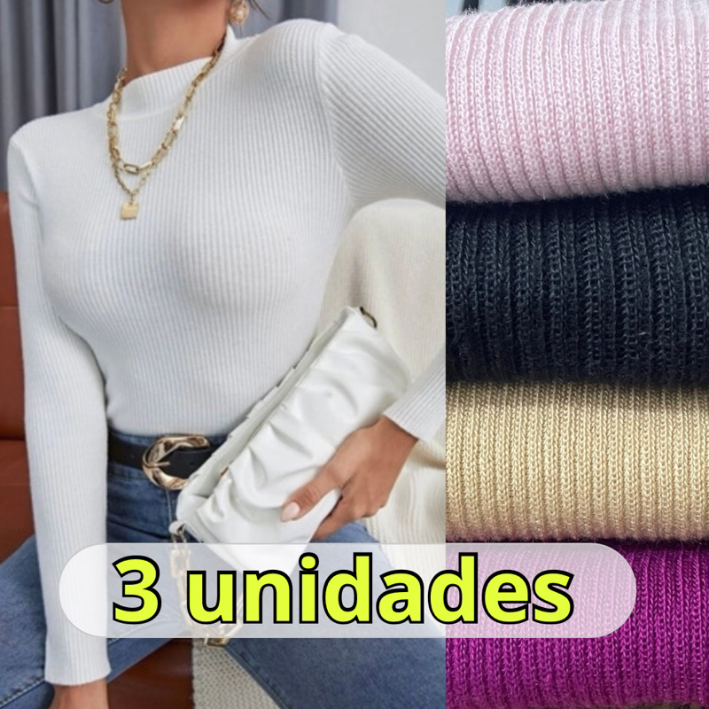 Kit 3 Blusas De Frio Em Trico Cacharrel Tricot Feminino Manga Longa Moda Inverno