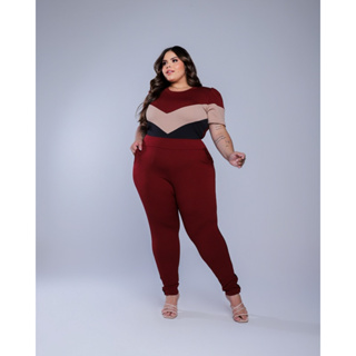 Conjunto Feminino Plus Size Blusa Calça com Detalhe Manga Princesa Tricolor Moda Maior