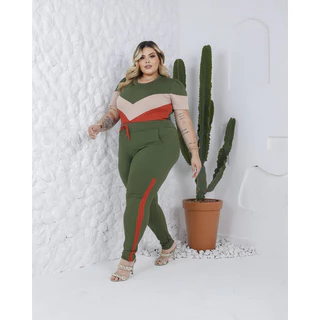 Conjunto Crepe De Malha Plus Size Manga Princesa Tricolor