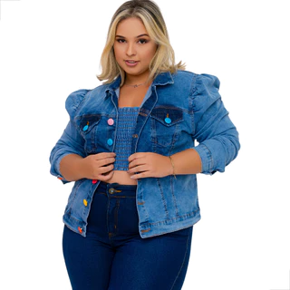 JAQUETA JEANS FEMININA MANGA PRINCESA BUFANTE COM LYCRA ATE O TAMANHO PLUS SIZE