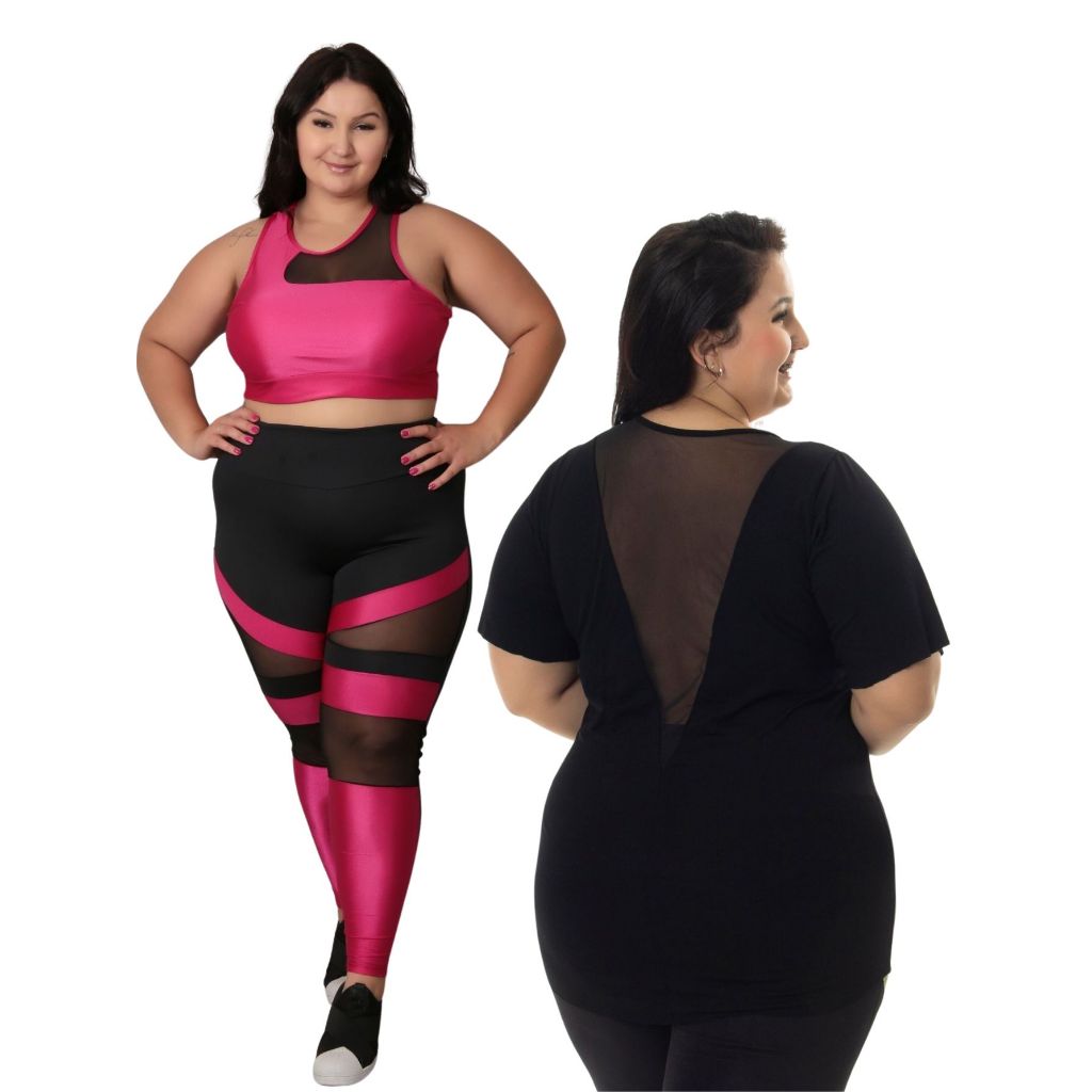 KIT Look Completo 1x Conjunto Fitness + Blusa Com Detalhe Em Tule Plus Size