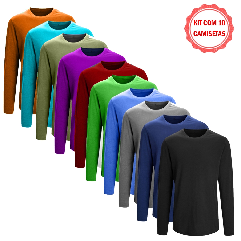 Kit com 10 Camisetas Manga Longa Masculinas Lisa Revenda Cores Sortidas