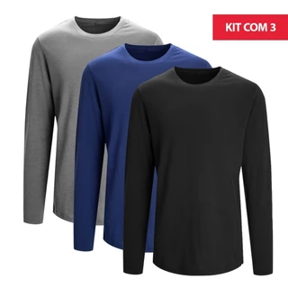Kit com 3 Camisetas Básicas Manga Longa Homens Tecido Confort Cores Sortidas