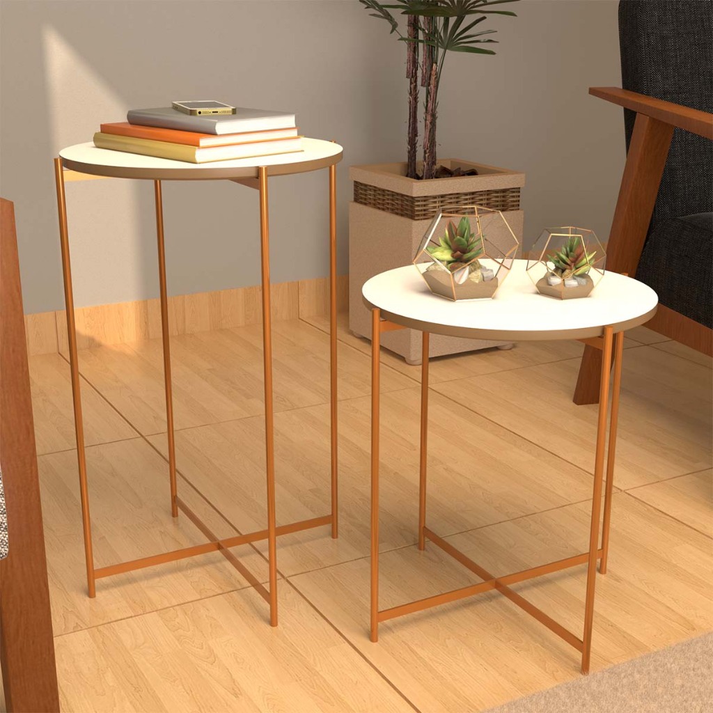 Kit 2 Mesinhas Alta E Baixa Com Tampo Mdf Pés Aço