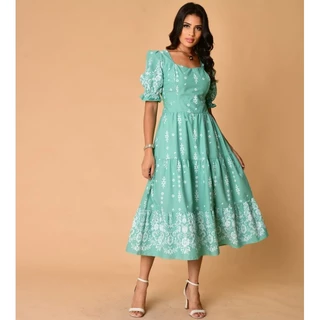Vestido midi luxo tricôline algodão estampado manga curto 1091